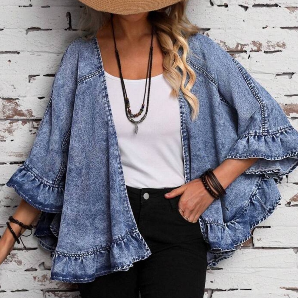 LUNE Women's Denim Jacket With Ruffle Edge Detail - Picture 2 of 4